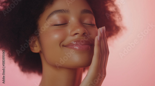 Smiling young woman touching her radiant, flawless skin with a gentle smile, featuring clear and healthy complexion. Perfect for skincare, beauty, and cosmetics concepts with copy space for advertisem photo