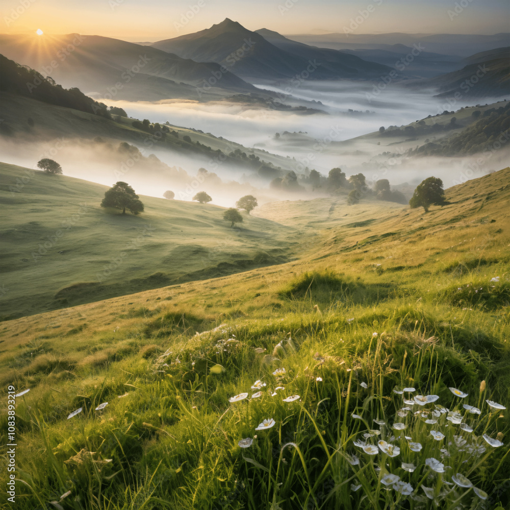 Obraz premium A stunning mountain landscape at sunrise, with mist rolling through the valleys and a meadow covered in morning dew