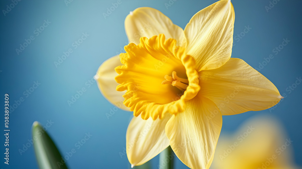Obraz premium A single daffodil with a bright yellow trumpet and soft white petals, standing out against a clear blue sky.
