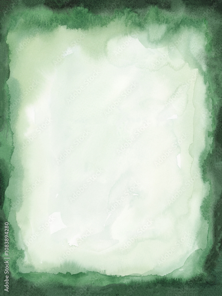 Fototapeta premium Green Watercolor Abstract Background Frame Wash Brush Stroke in Pastel Soft Color Text Space, Copy Space Hand Painted