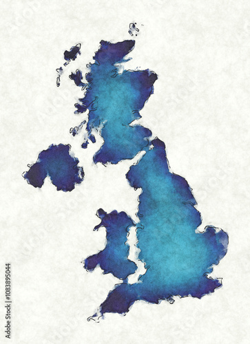 United Kingdom map with drawn lines and blue watercolor illustration