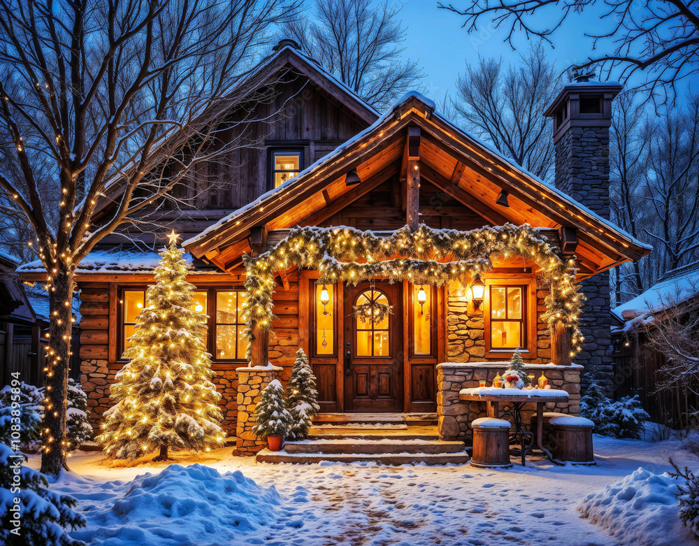 Fototapeta premium A cozy log cabin with a Christmas tree and lights on the porch