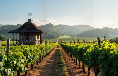 Vineyard landscape with weather station. Green grapevines stretch along rows. Small stone building stands within vines. Rural scene with hills in background. Perfect for farm agriculture themes. photo