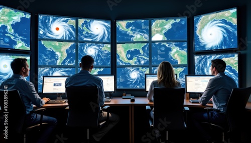 Team of meteorologists in weather service office monitor hurricane tracking data on multiple screens. Real-time wind speeds displayed on large screens. Hurricane situation analysis displayed. Team photo