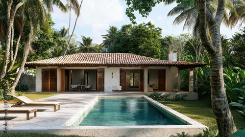 Wallpaper Mural Modern tropical villa with a serene pool surrounded by lush greenery in a peaceful garden setting during a sunny day Torontodigital.ca