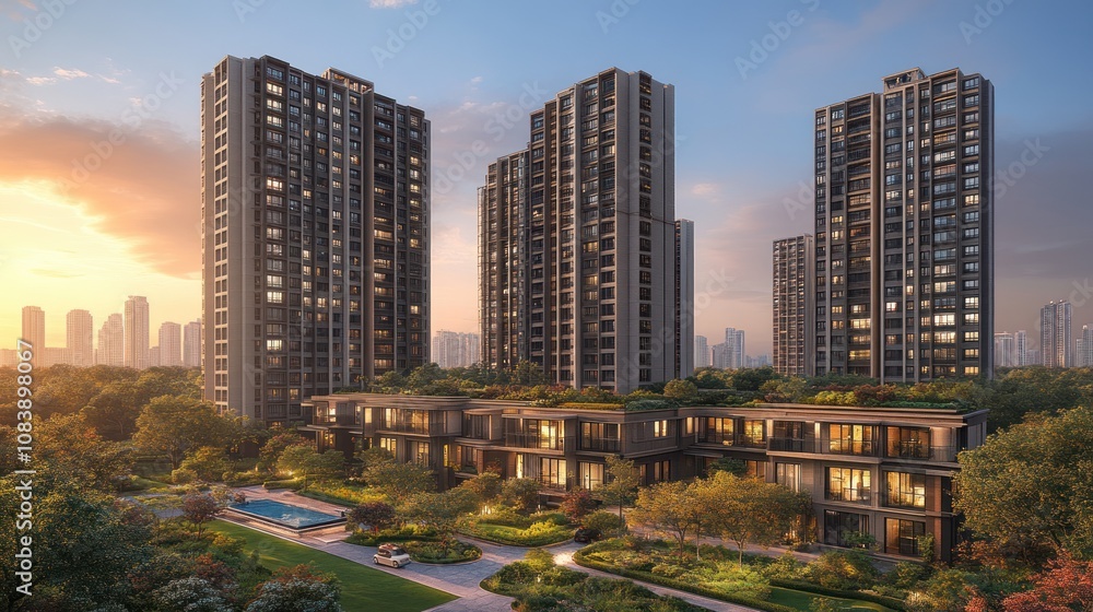 Obraz premium Modern residential buildings surrounded by greenery at sunset.
