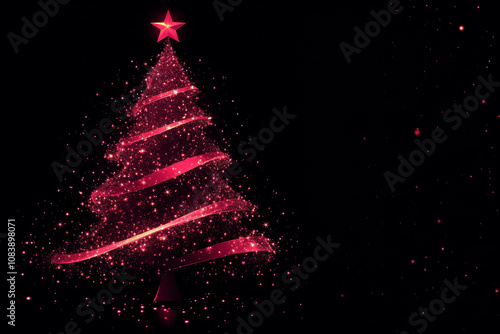 Un sapin de Noël rose avec un ruban rouge et des étoiles sur fond noir, une illustration vectorielle de l'art numérique, une palette de couleurs roses, un effet scintillant et des lumières