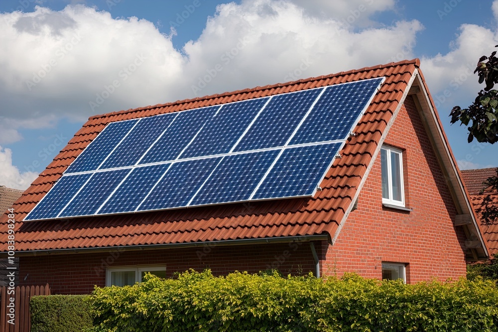 Fototapeta premium Solar Panels Installed on a Modern House Roof Under a Partly Cloudy Sky During Daylight Hours
