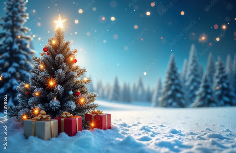 Obraz premium Festive digital image shows decorated Christmas tree in snowy landscape. Gifts lie beneath tree. Scene evokes peaceful winter holiday spirit. Christmas tree decorated with lights, ornaments. Winter
