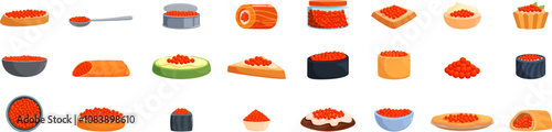 Red caviar icons set. Exploring culinary versatility, this collection showcases red caviar as a luxurious ingredient in diverse dishes and presentations