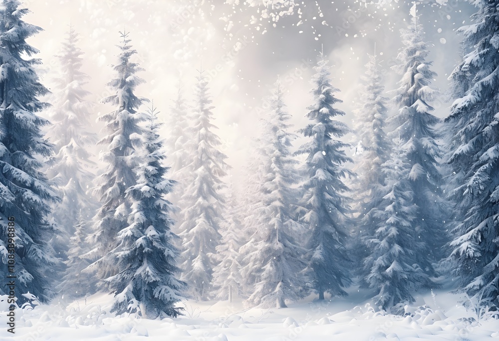 Fototapeta premium Serene Winter Forest with Snowy Evergreens for Holiday Wonderland Themes