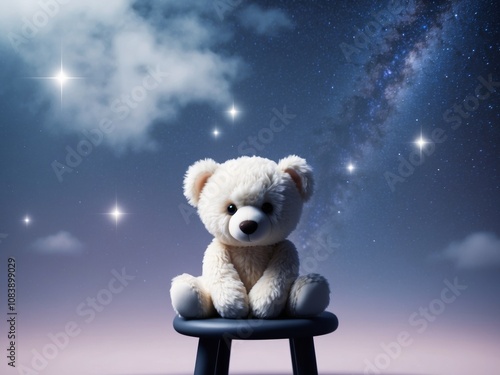 Teddy bear sitting alone on starry night background. photo