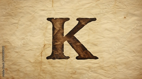 Vintage-style letter K in a faded sepia tone on a textured paper background photo