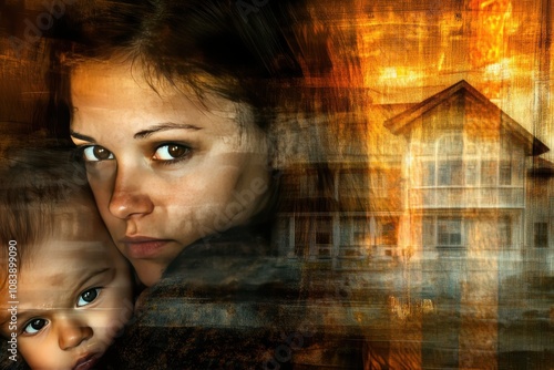 Concerned Mother with Child and Foreclosure Background