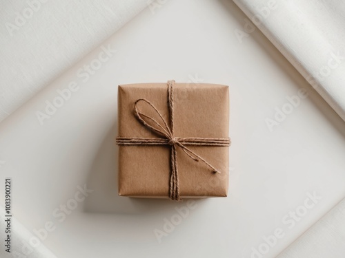 simple brown gift box tied with twine special occasion top view copy space. photo