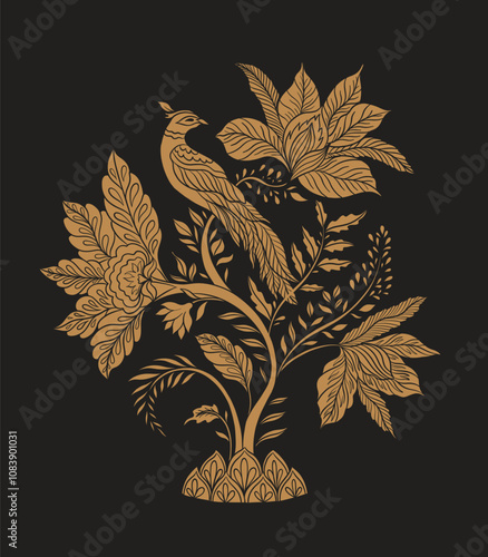 Bird sits on a branch.Mughal decorative ornamental floral. Vintage intricate traditional mughal style with flowers and foliage.