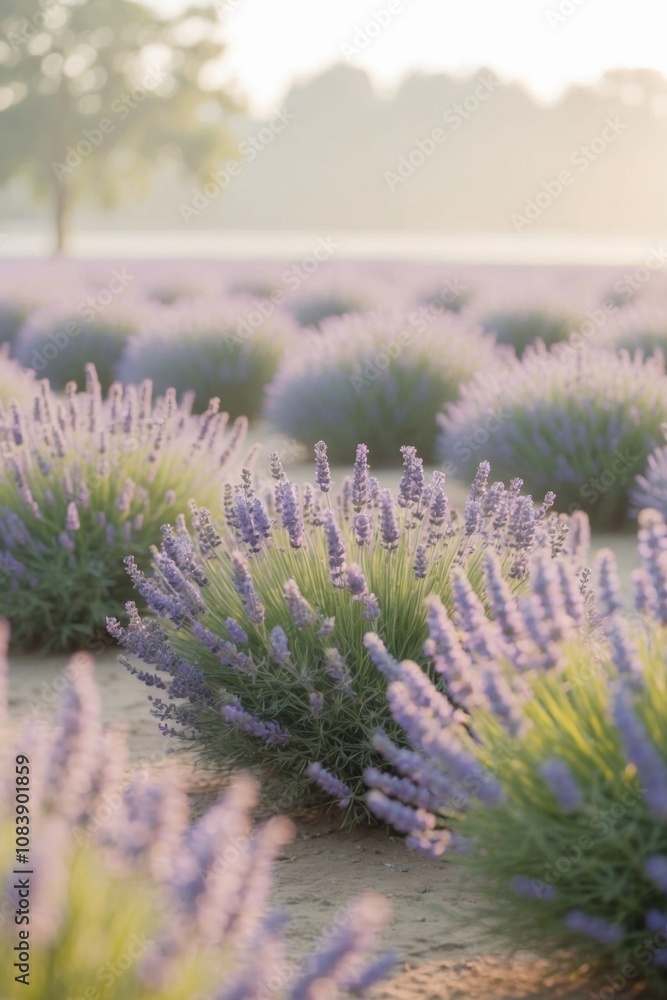 Obraz premium Morning light filtering through lavender fields.