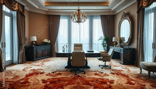 Opulent luxury business office interior with plush carpeting and rich textiles photo