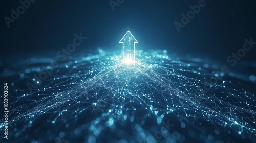 Futuristic Digital Arrow Surrounded by Glowing Points of Light Representing Growth and Progress in a Tech-Driven World with a Dark Background