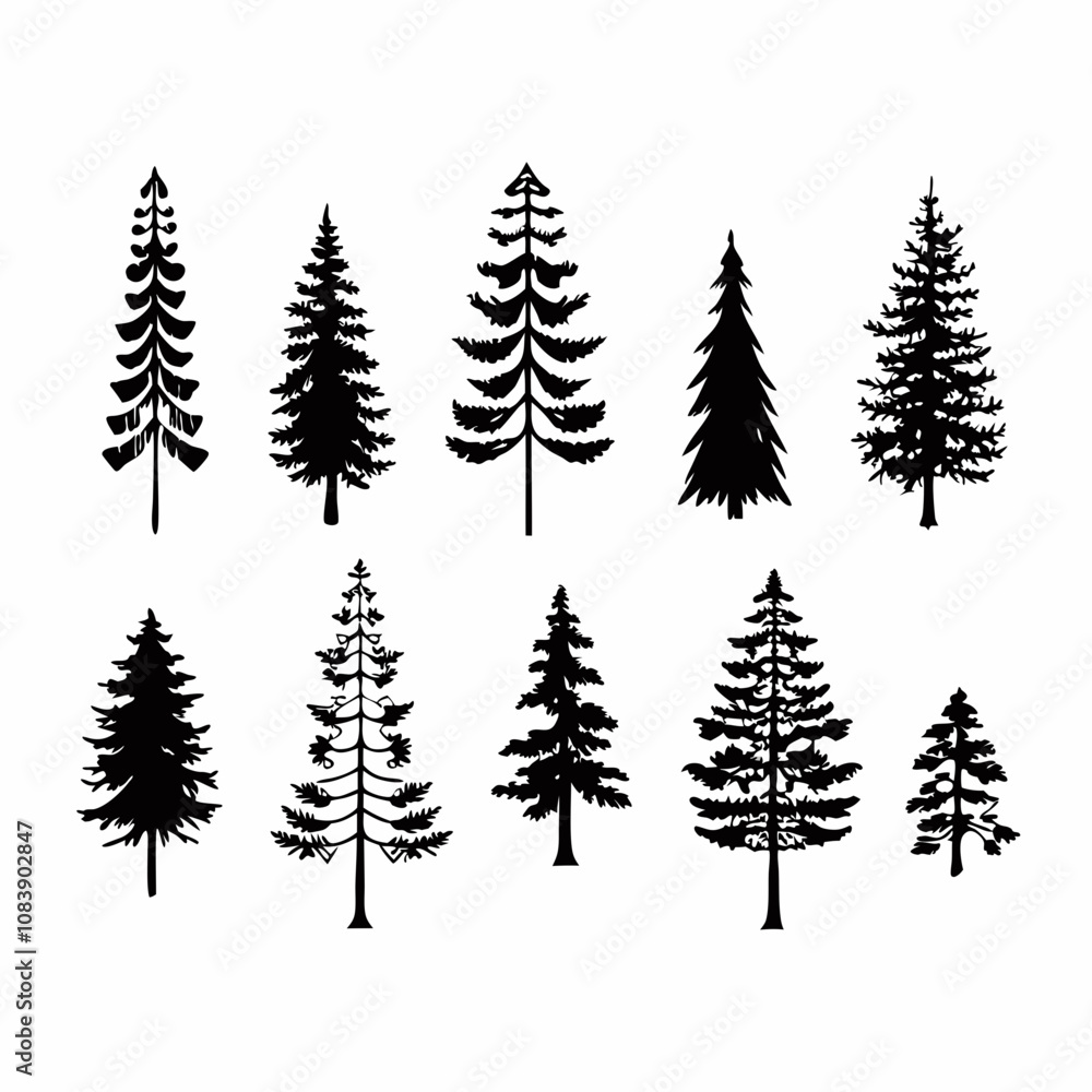 Fototapeta premium Silhouettes of Pine and Spruce Trees, Christmas Tree Silhouette - Pine and Spruce in Black and White Minimalist Design,