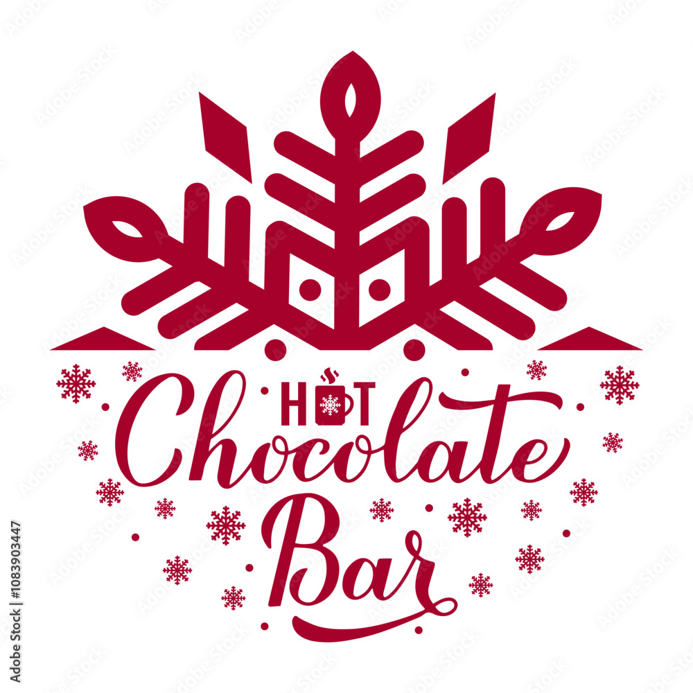 Hot chocolate bar round sign. Winter holidays party vector banner. Christmas typography decorations.