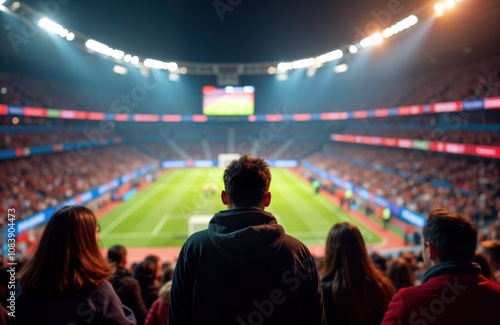 Spectators watch international sport event in Paris city stadium. Large crowd enjoy athletic competition. People enjoy day in urban environment. Back view of anonymous fans. Lifestyle, healthy photo