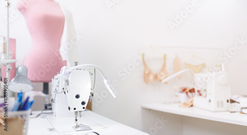 Interior of workshop for sewing underwear for women and bra textiles. Modern fashion workroom of seamstresses and dressmakers