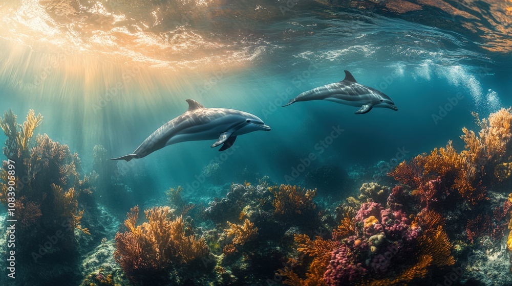 Naklejka premium two dolphins swimming gracefully in a vibrant coral reef