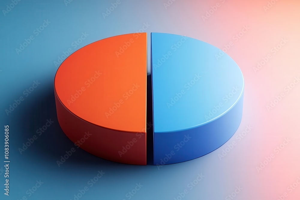 Obraz premium A vibrant 3D pie chart split equally into orange and blue halves, set against a gradient background, representing data visualization and analysis.
