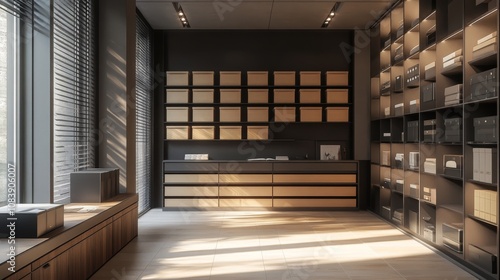 Modern Minimalist Interior with Storage Shelving and Drawers