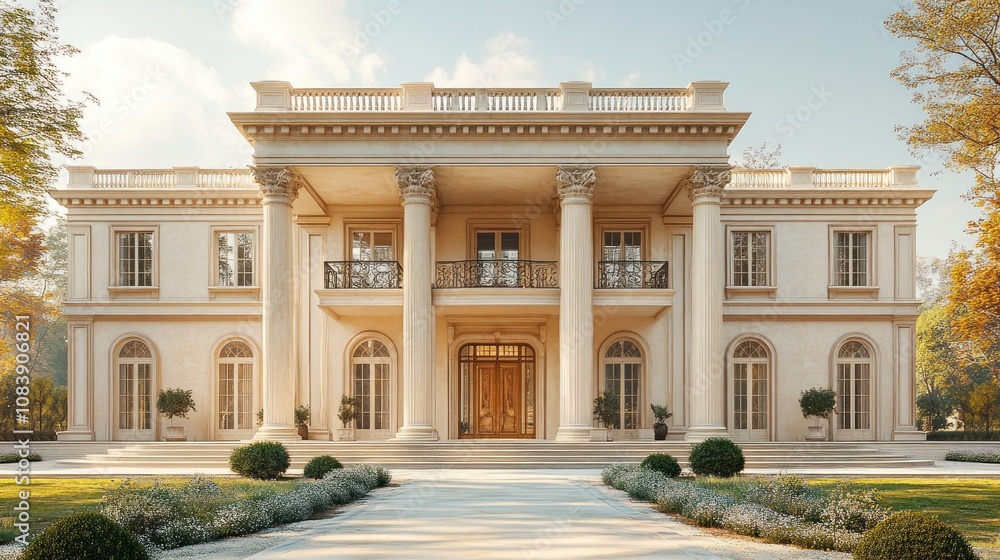 Fototapeta premium Elegant mansion with grand columns and landscaped surroundings.