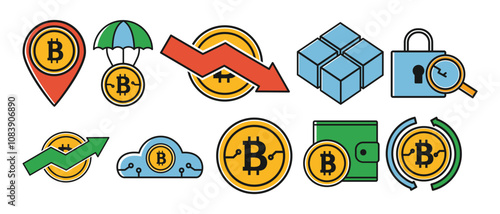 A modern icon collection featuring cryptocurrency and blockchain concepts, including Bitcoin symbols, wallets, trends, and security, designed in a clean, flat style.