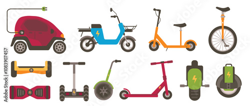 A modern icon collection showcasing various electric transportation modes, including scooters, bikes, cars, and hoverboards, in a clean and stylish flat design.