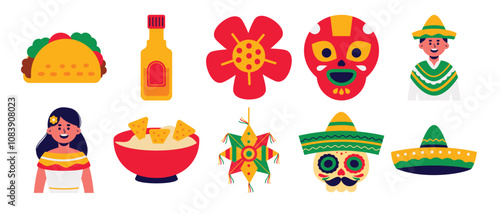 A colorful set of Mexican-themed icons featuring tacos, sombreros, pinatas, salsa, and cultural symbols, designed in a vibrant and festive style for cultural projects.