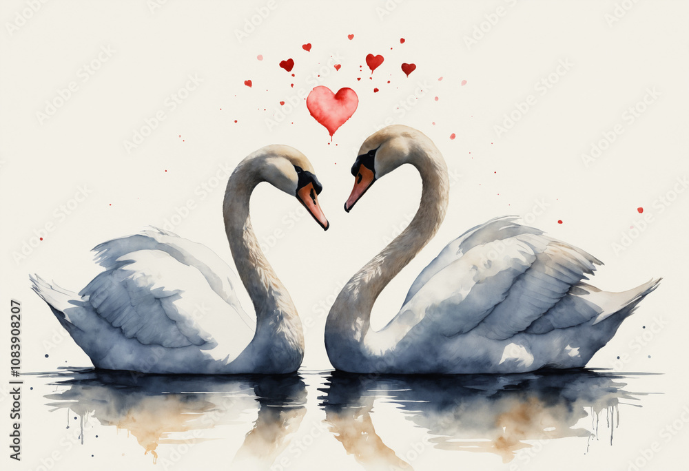 Fototapeta premium Two swans forming a heart with reflections for Valentine’s Day