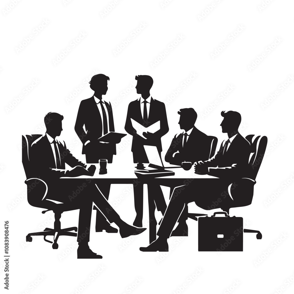 Obraz premium Business meeting silhouette. Office meeting vector design. Group of people meeting in a room vector design black and white.