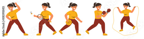 A dynamic set of illustrations featuring a female athlete participating in badminton, basketball, boxing, and jump rope, designed in a vibrant and modern style.