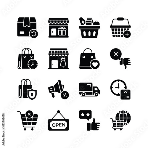 Collection of icons representing various aspects of online shopping, including delivery, stores, shopping bags, baskets, customer feedback, and security