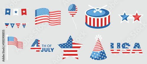 A festive set of icons celebrating Independence Day, featuring flags, stars, banners, and party hats in red, white, and blue, ideal for U.S. patriotic themes.