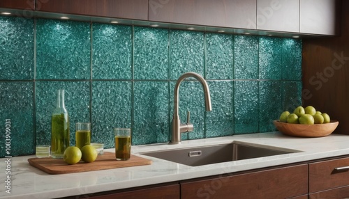 Recycled glass used in eco-conscious backsplash tiles photo