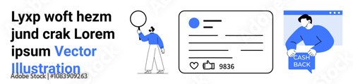 Person holding balloon, social media post with thumbs ups, and another person showing cashback. Ideal for marketing, branding, social media engagement, promotions, online sales, customer rewards