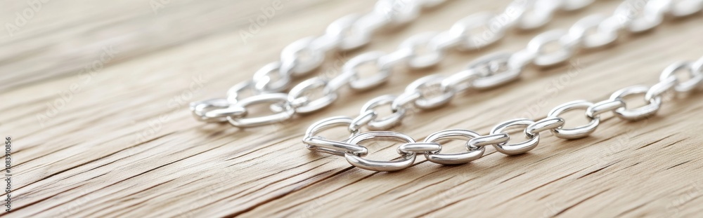Fototapeta premium Close-up of Shiny Silver Chains on Wood, Highlighting Intricate Designs and Craftsmanship