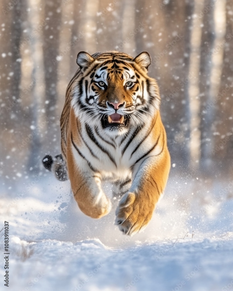 Fototapeta premium Siberian Tiger Runs Gracefully Through the Snowy Forest During Winter Showcasing Its Power