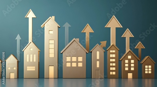 The mortgage value and service. A golden house glowing with arrows pointing upward, symbolizing rising market value