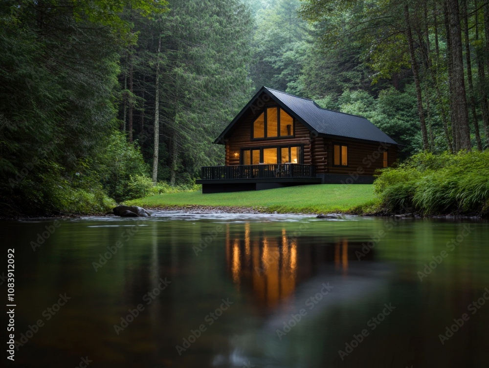 Fototapeta premium serene cabin by the river surrounded by lush greenery