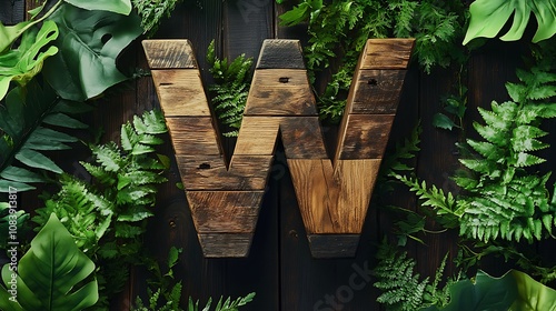 Rustic letter W made from reclaimed wood, set against a background of nature with greenery photo