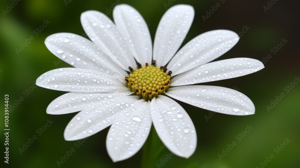 Fototapeta premium Fresh White Flower with Dew Drops on Petals, Showcasing Nature’s Beauty and Delicate Details in a Lush Green Background