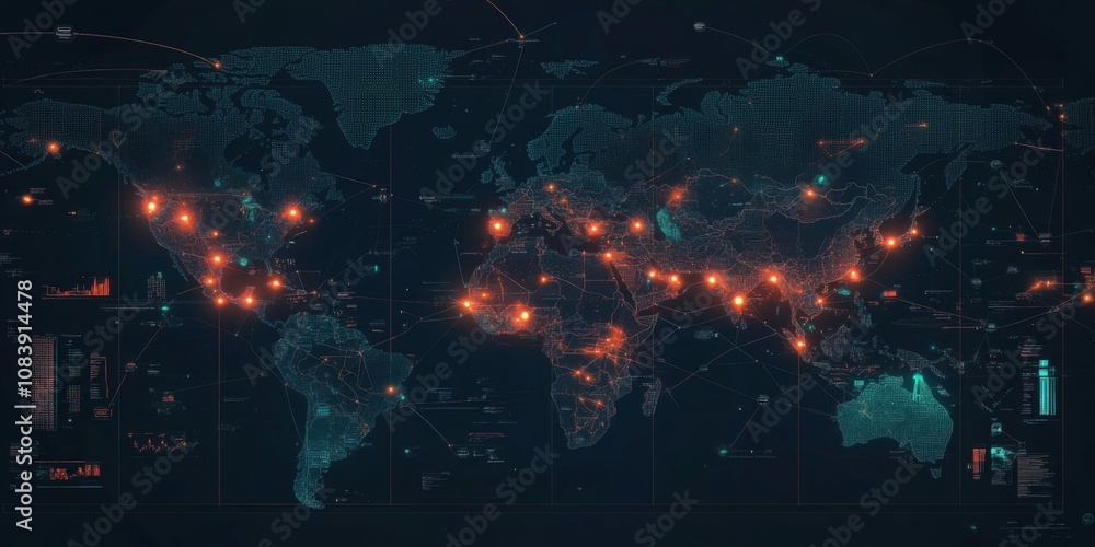 Obraz premium Minimalist digital map with major tech hubs connected,space for text