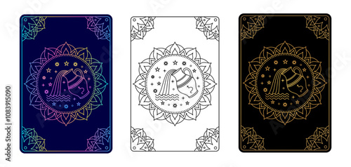 Tarot card with Aquarius zodiac style. Simple line art style.