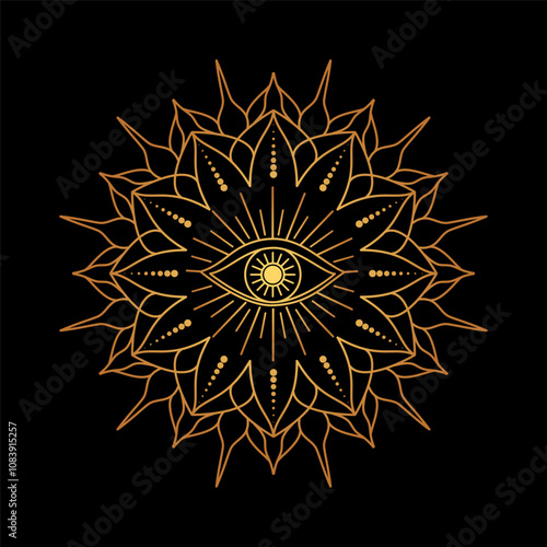 Golden geometric mandala with an all seeing eye at the center on black background.